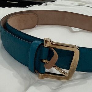 Gucci Blue Leather Belt with Gold Buckle